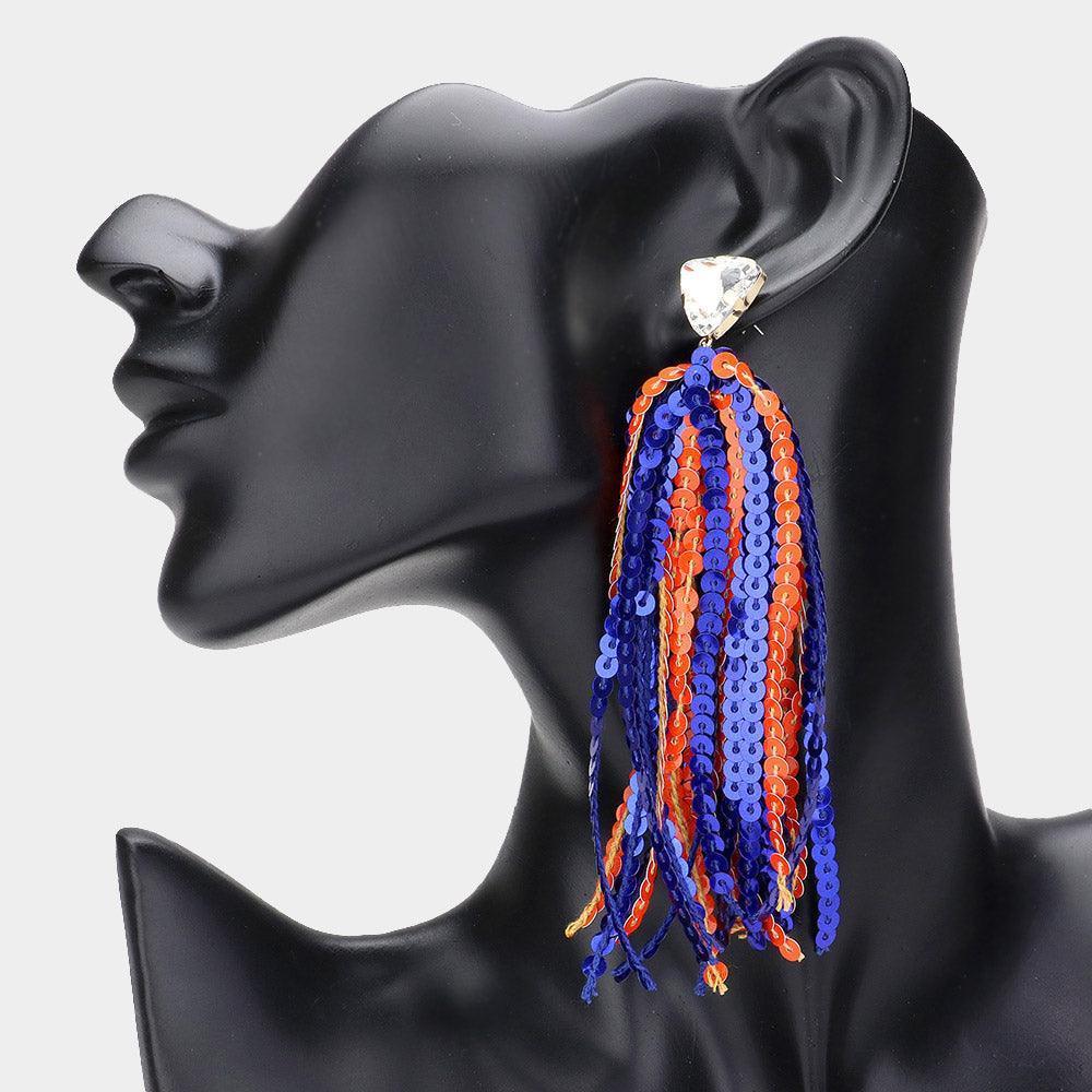 Blue Triangle Stone Cluster Pointed Sequin Tassel Dangle Gameday Earrings - Jewelry Store by Erik Rayo