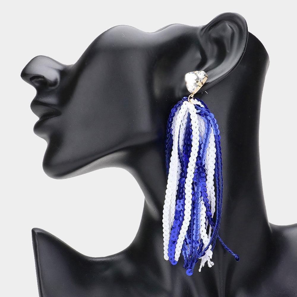 White Triangle Stone Cluster Pointed Sequin Tassel Dangle Gameday Earrings - Jewelry Store by Erik Rayo