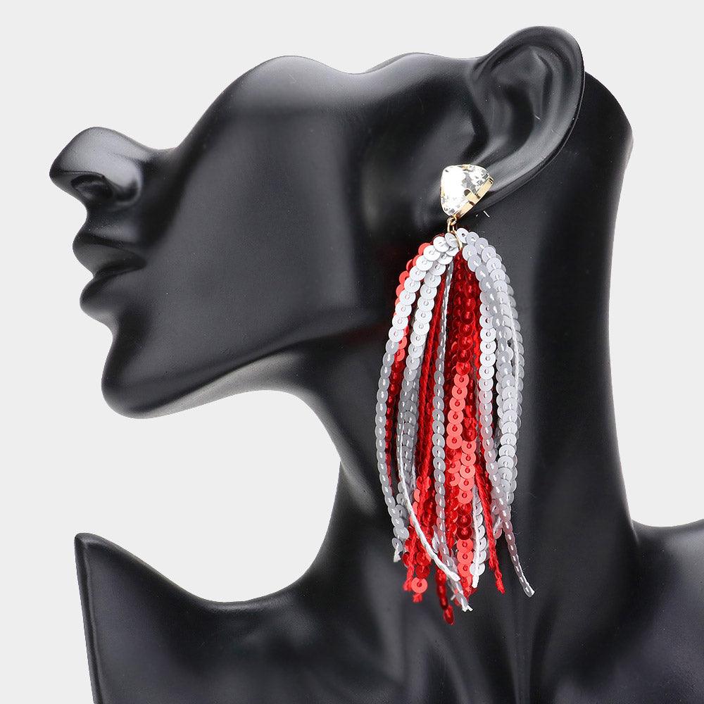 White Triangle Stone Cluster Pointed Sequin Tassel Dangle Gameday Earrings