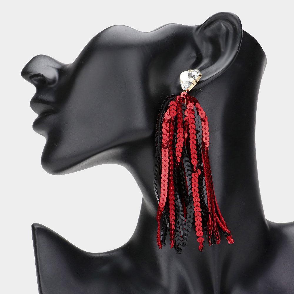 Red Triangle Stone Cluster Pointed Sequin Tassel Dangle Gameday Earrings - Jewelry Store by Erik Rayo