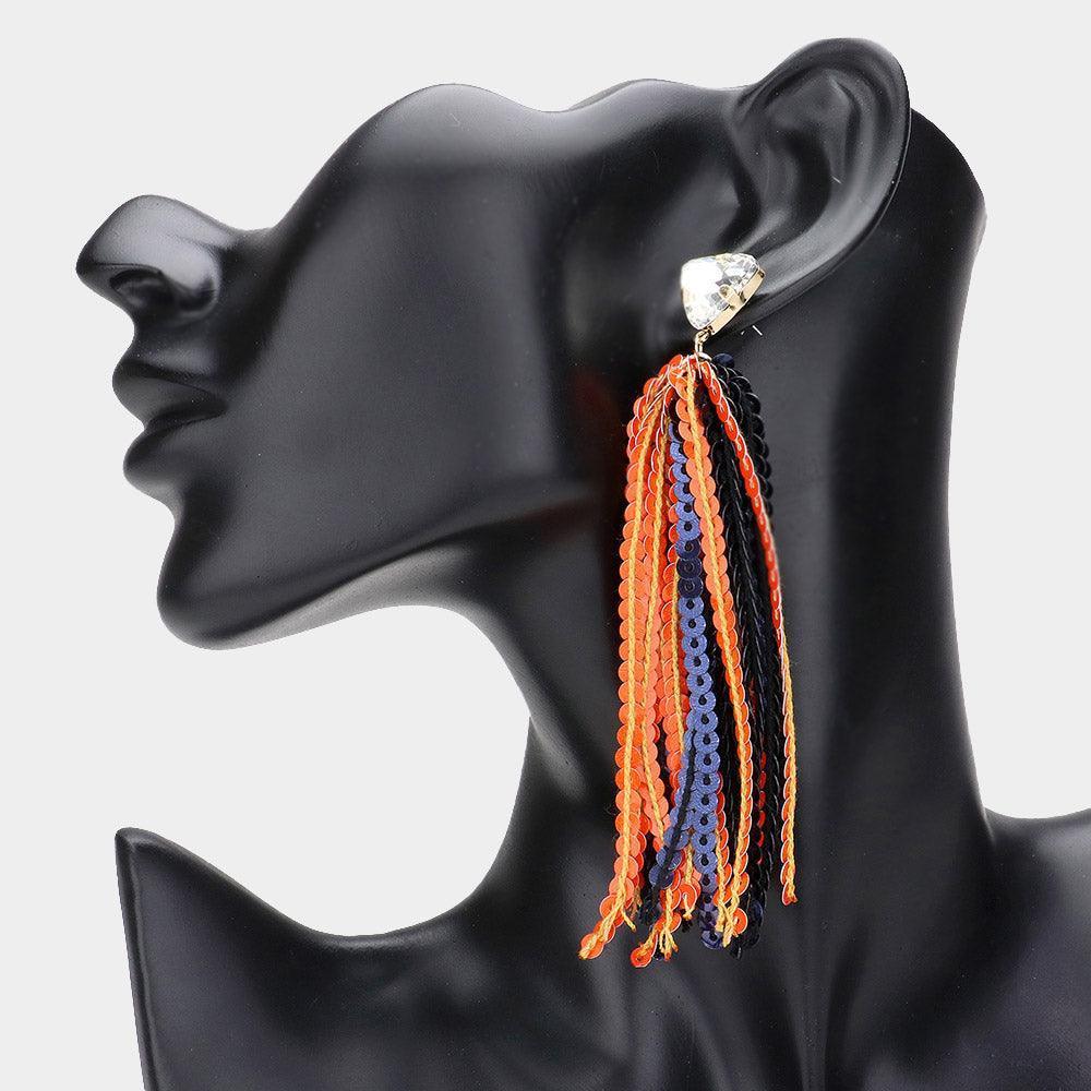 Triangle Stone Cluster Pointed Sequin Tassel Dangle Gameday Earrings - Jewelry Store by Erik Rayo