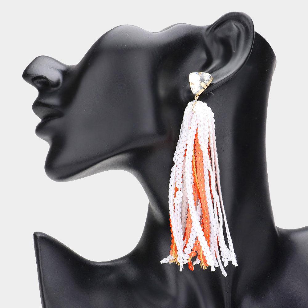 White Triangle Stone Cluster Pointed Sequin Tassel Dangle Gameday Earrings