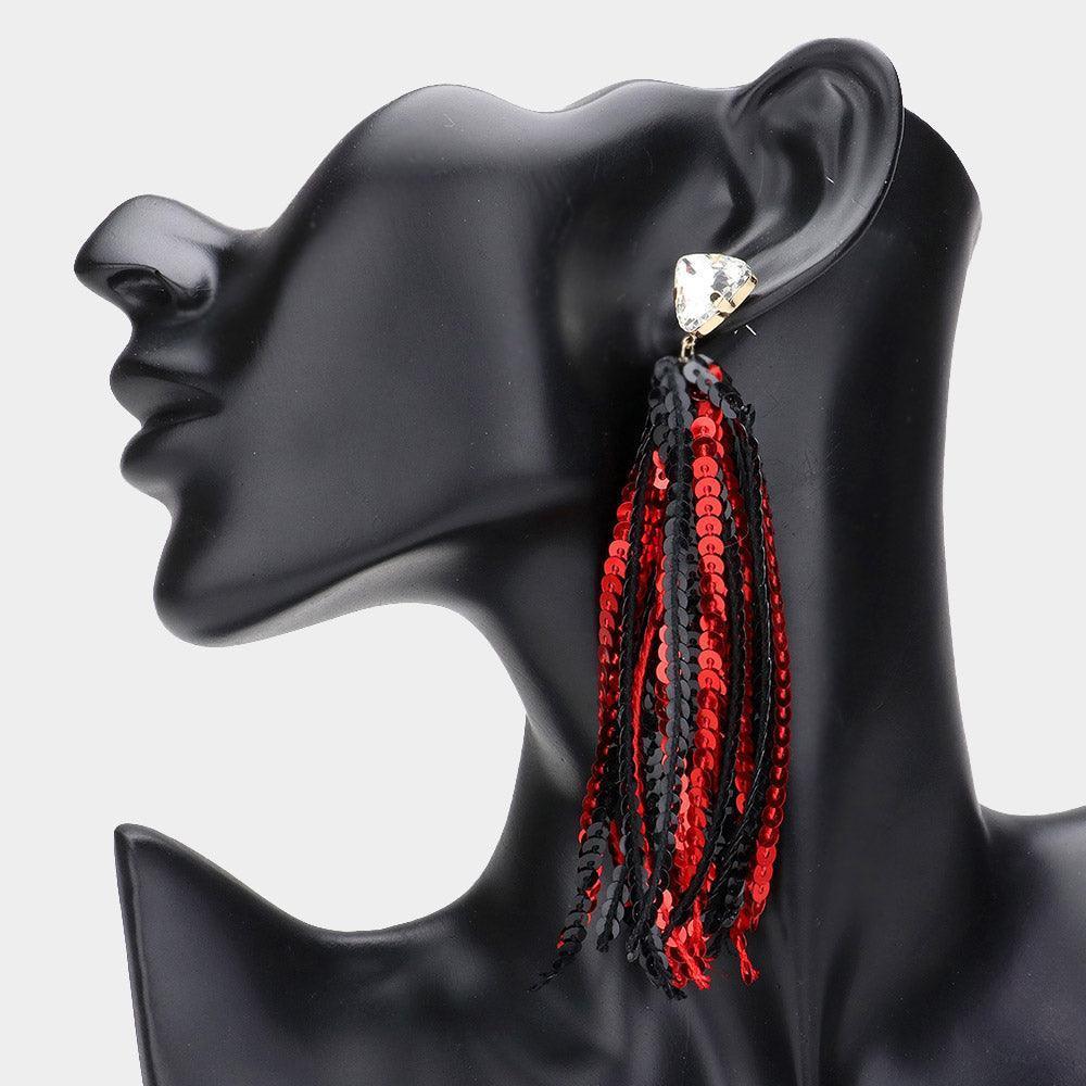 Red Triangle Stone Cluster Pointed Sequin Tassel Dangle Gameday Earrings - Jewelry Store by Erik Rayo