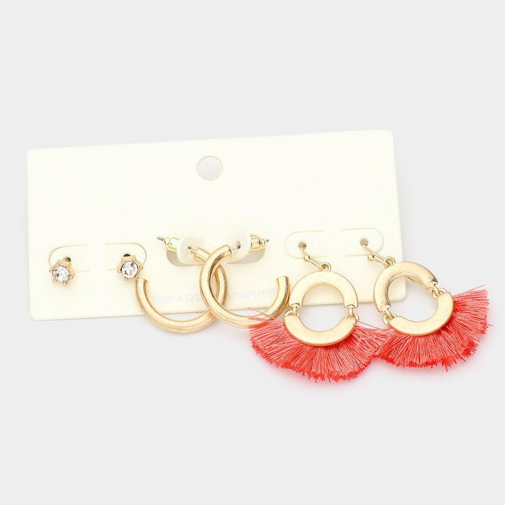 3Pairs - Round Stone Metal Hoop Tassel Fringe Earrings - Jewelry Store by Erik Rayo