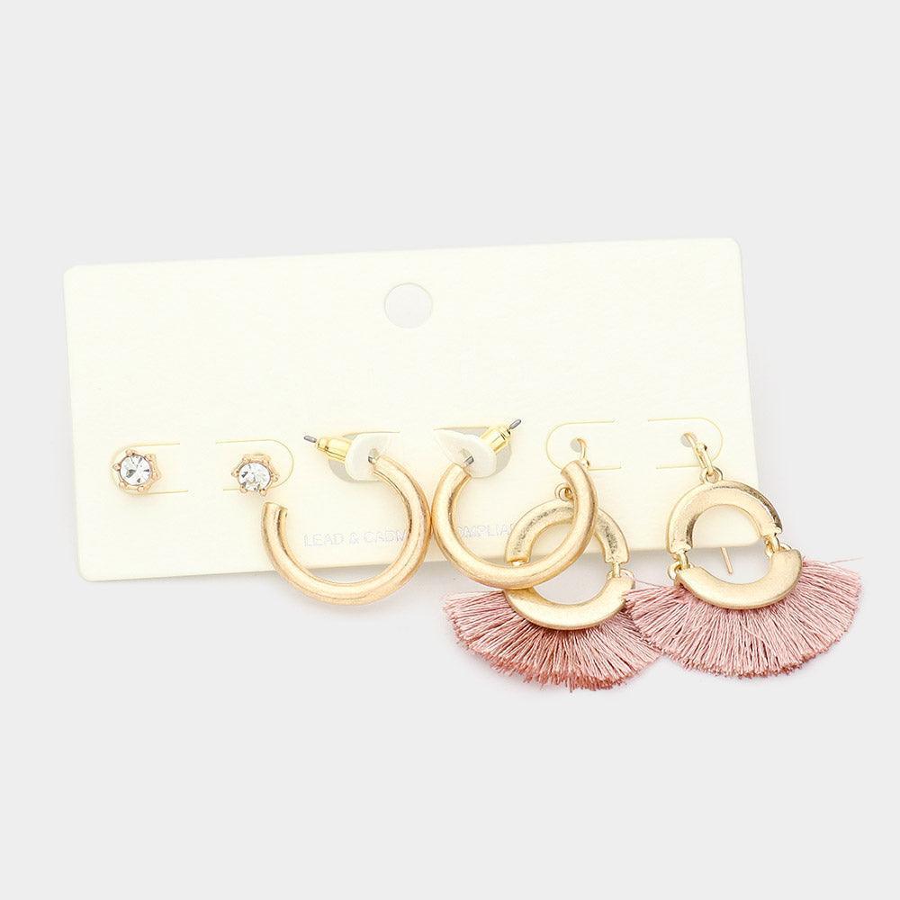 Pink 3Pairs - Round Stone Metal Hoop Tassel Fringe Earrings - Jewelry Store by Erik Rayo