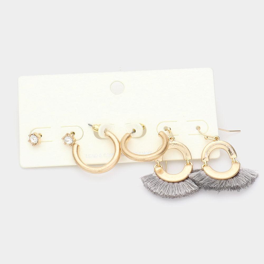 Gray 3Pairs - Round Stone Metal Hoop Tassel Fringe Earrings - Jewelry Store by Erik Rayo