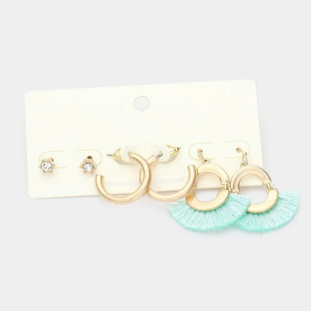 3Pairs - Round Stone Metal Hoop Tassel Fringe Earrings - Jewelry Store by Erik Rayo