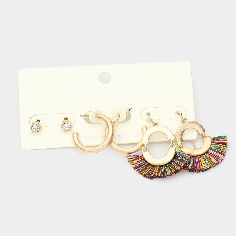 3Pairs - Round Stone Metal Hoop Tassel Fringe Earrings - Jewelry Store by Erik Rayo