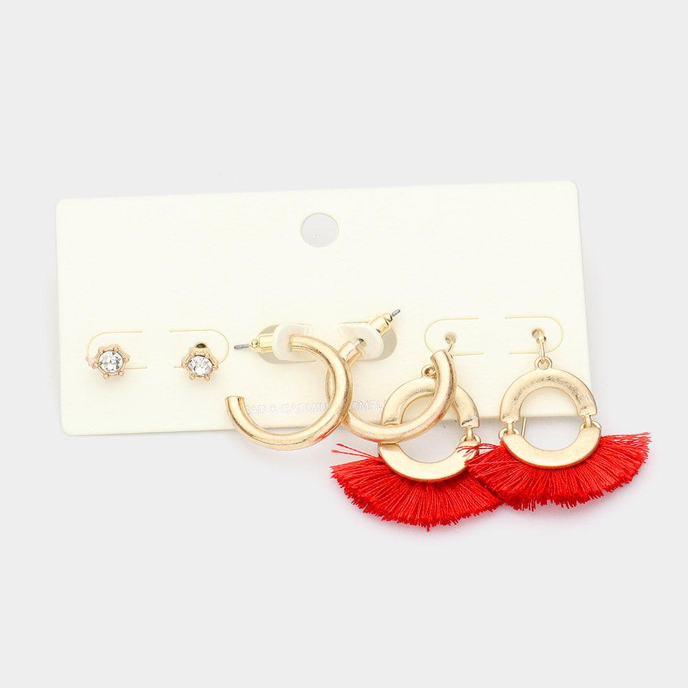 Red 3Pairs - Round Stone Metal Hoop Tassel Fringe Earrings