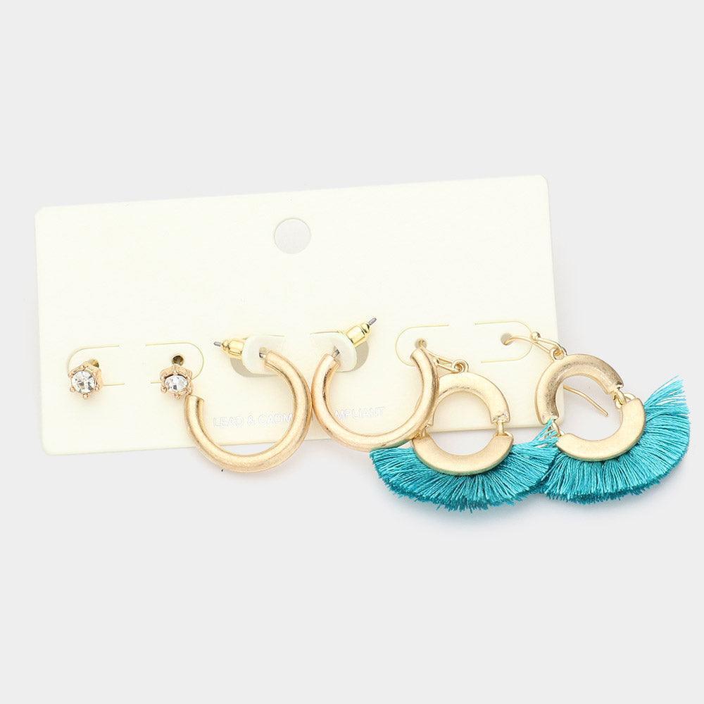 Turquoise 3Pairs - Round Stone Metal Hoop Tassel Fringe Earrings - Jewelry Store by Erik Rayo