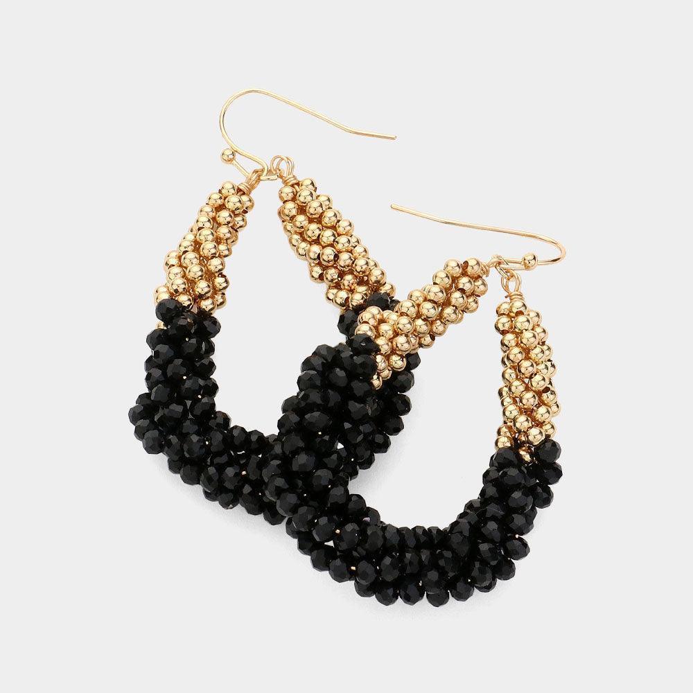 Black Faceted Beaded Twisted Open Teardrop Dangle Earrings - Jewelry Store by Erik Rayo