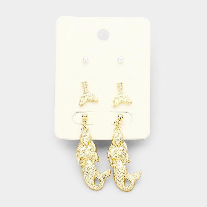 Gold 3Pairs Pearl Mermaid Earrings - Jewelry Store by Erik Rayo