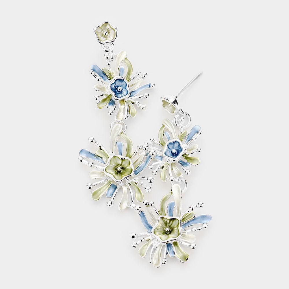 Green Colored Metal Double Flower Link Earrings - Jewelry Store by Erik Rayo