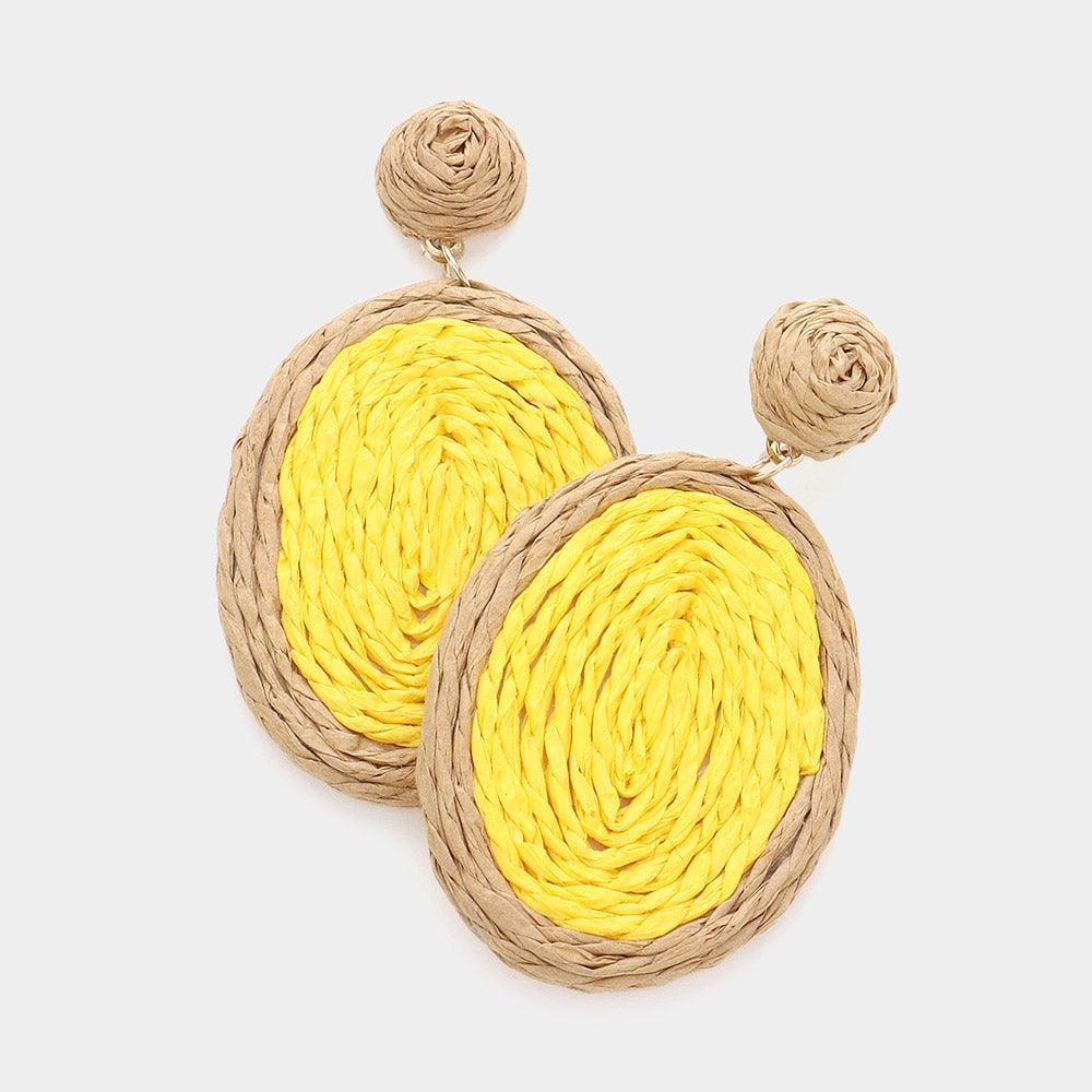 Yellow Swirl Raffia Oval Dangle Earrings - Jewelry Store by Erik Rayo