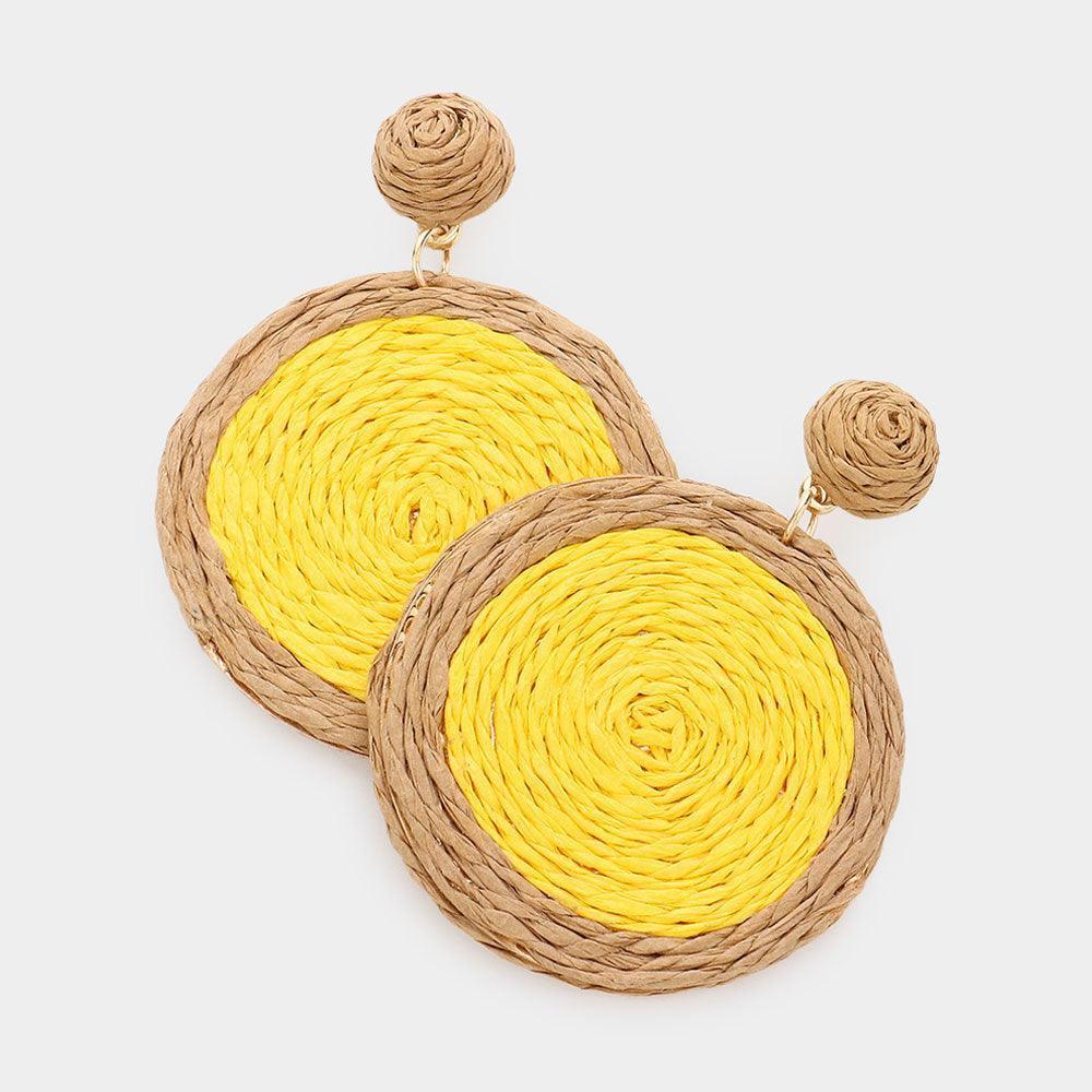 Yellow Swirl Raffia Round Dangle Earrings - Jewelry Store by Erik Rayo