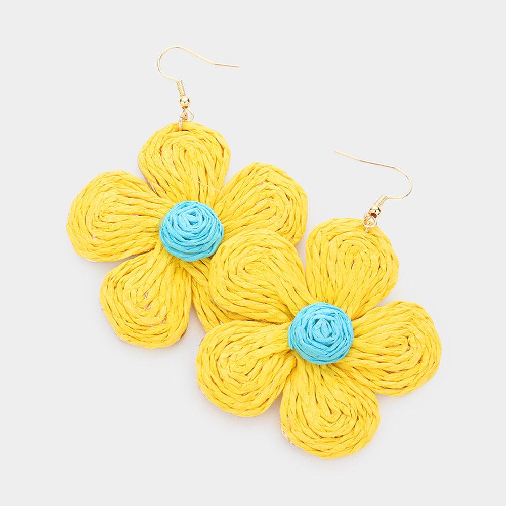 Yellow Raffia Flower Dangle Earrings