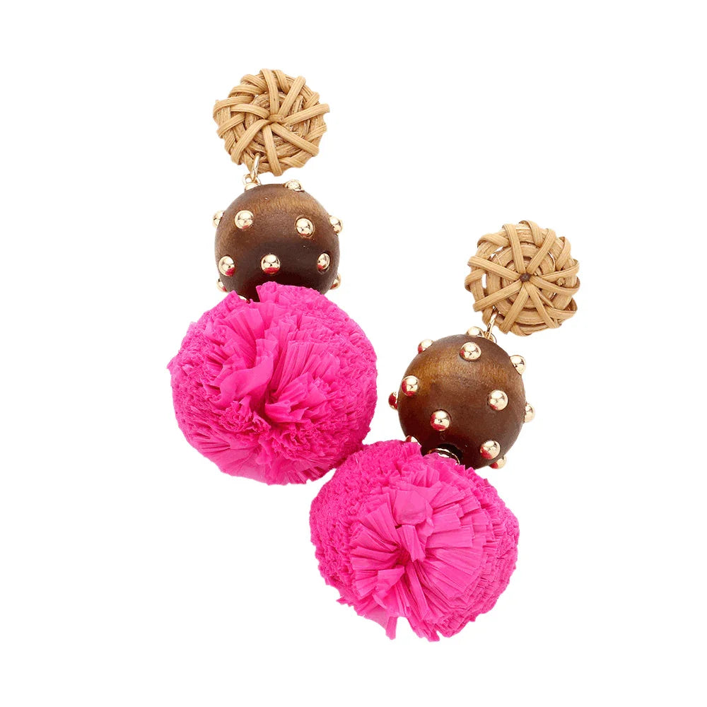 Fuchsia Wood Raffia Ball Dangle Earrings - Jewelry Store by Erik Rayo