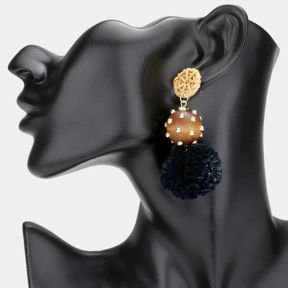 Black Wood Raffia Ball Dangle Earrings - Jewelry Store by Erik Rayo
