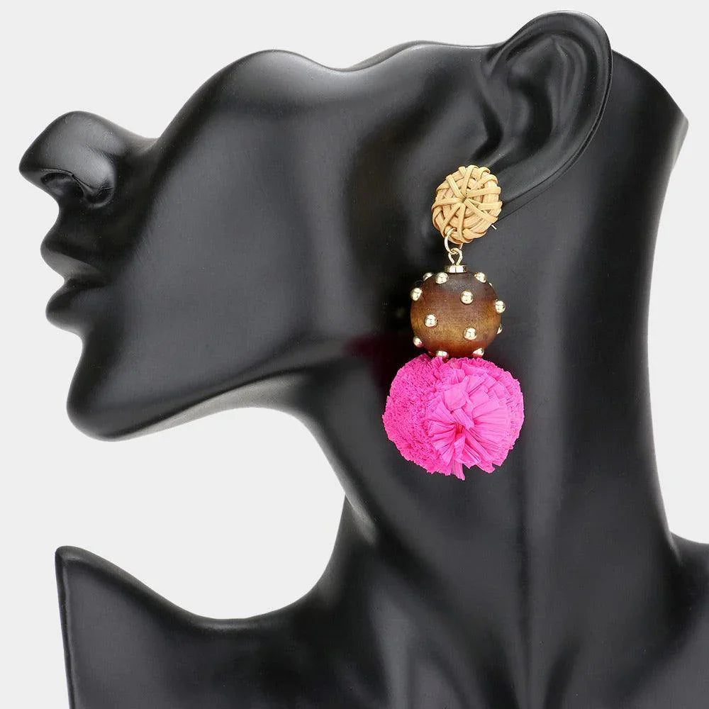 Fuchsia Wood Raffia Ball Dangle Earrings - Jewelry Store by Erik Rayo