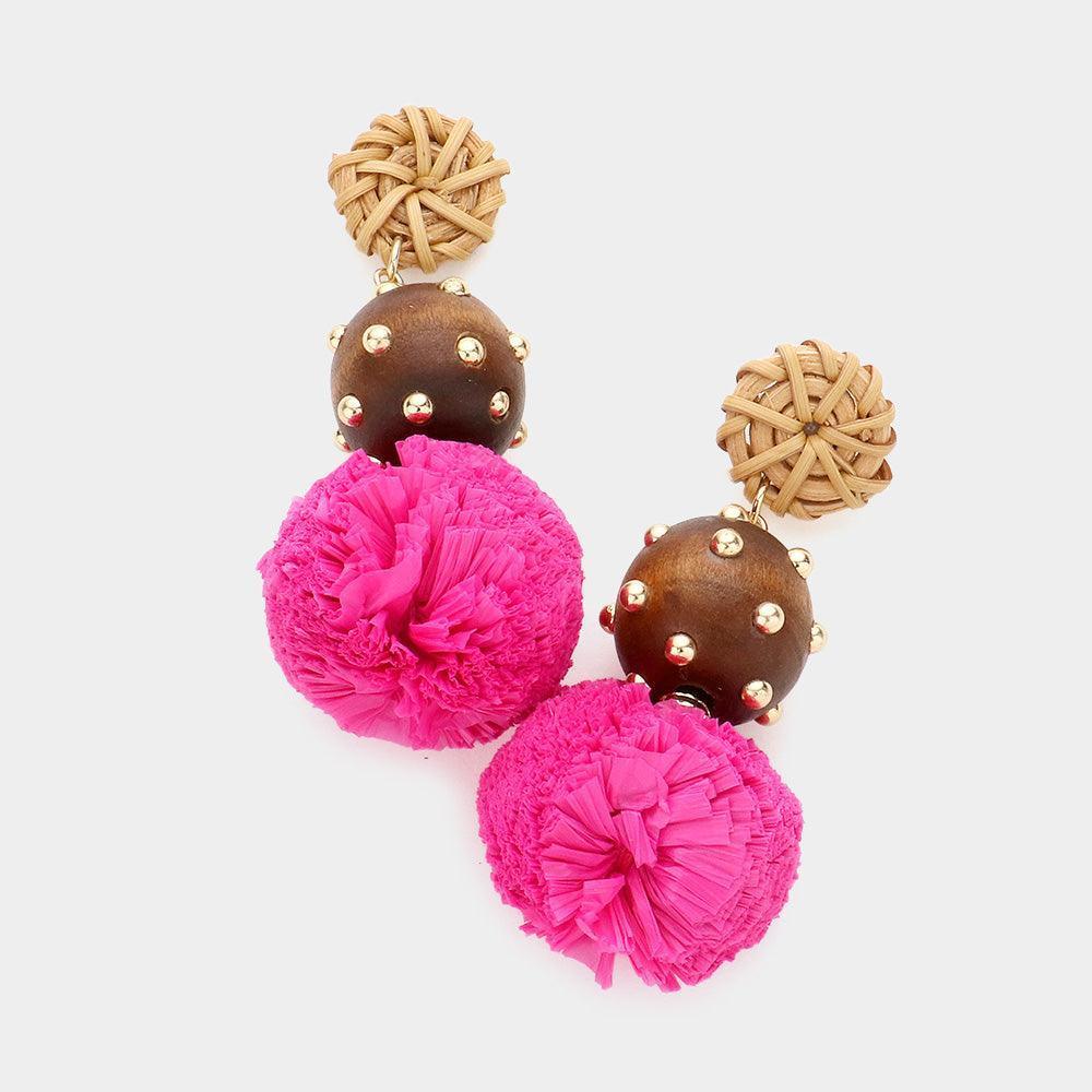 Fuchsia Wood Raffia Ball Dangle Earrings - Jewelry Store by Erik Rayo