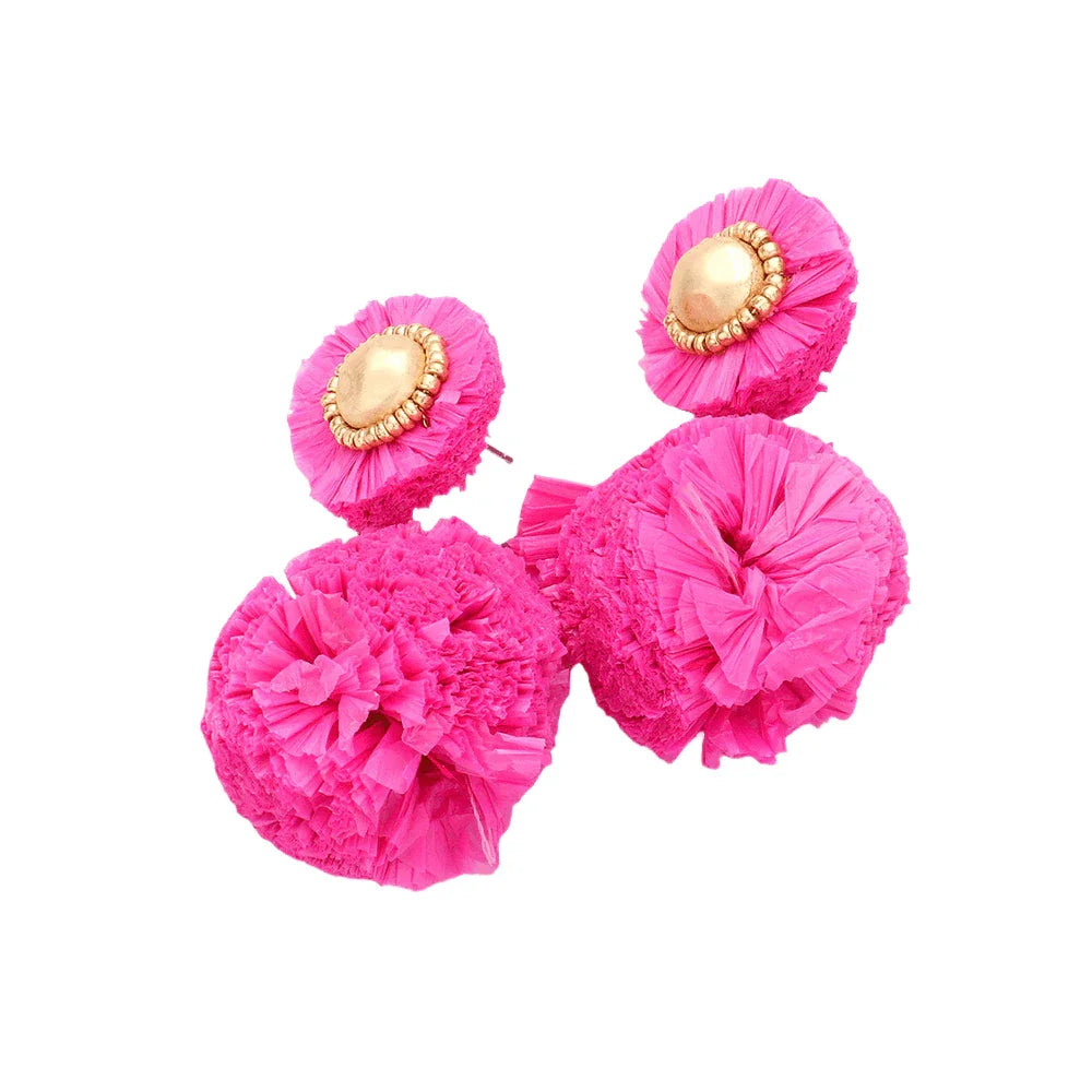 Fuchsia Raffia Ball Dangle Earrings - Jewelry Store by Erik Rayo