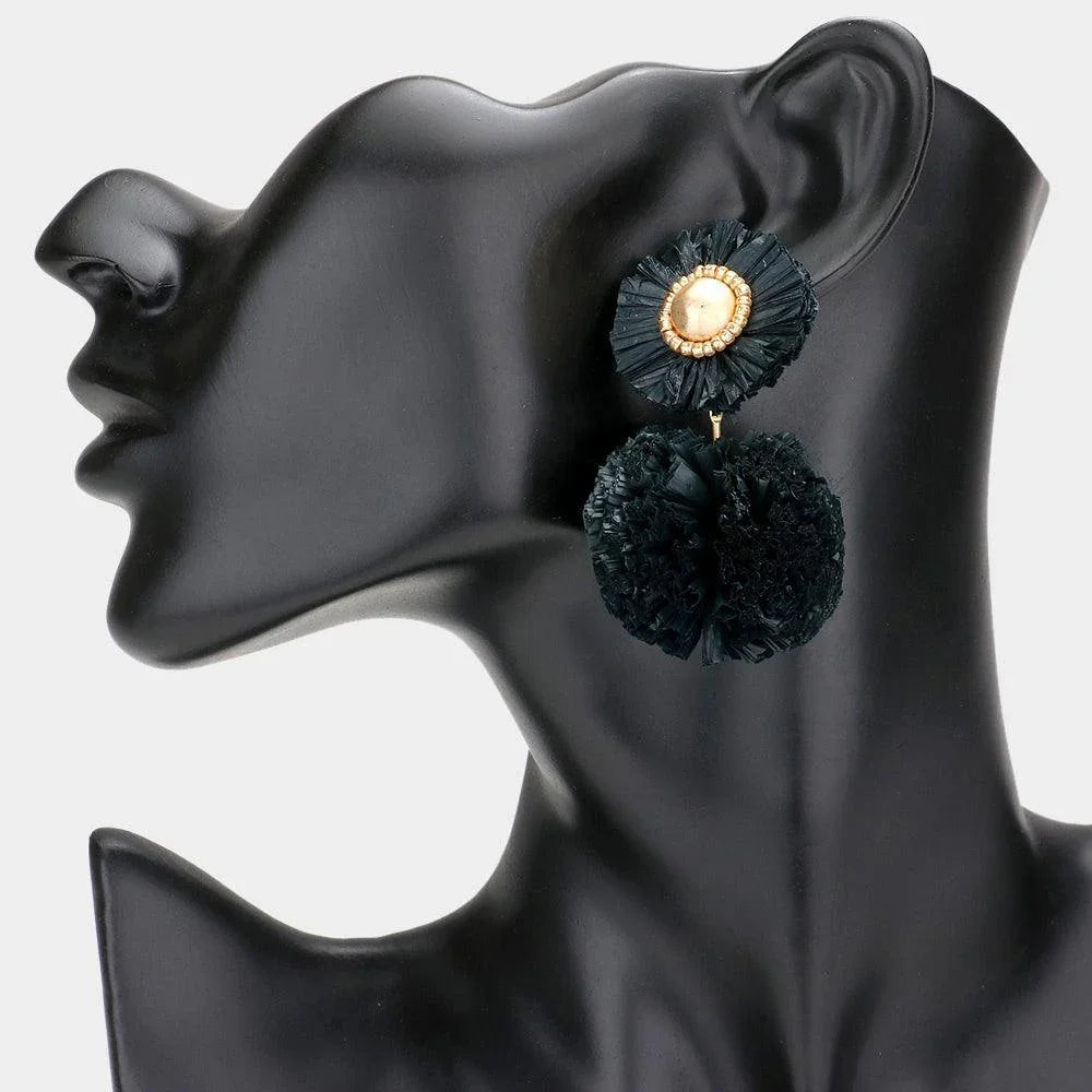 Black Raffia Ball Dangle Earrings - Jewelry Store by Erik Rayo