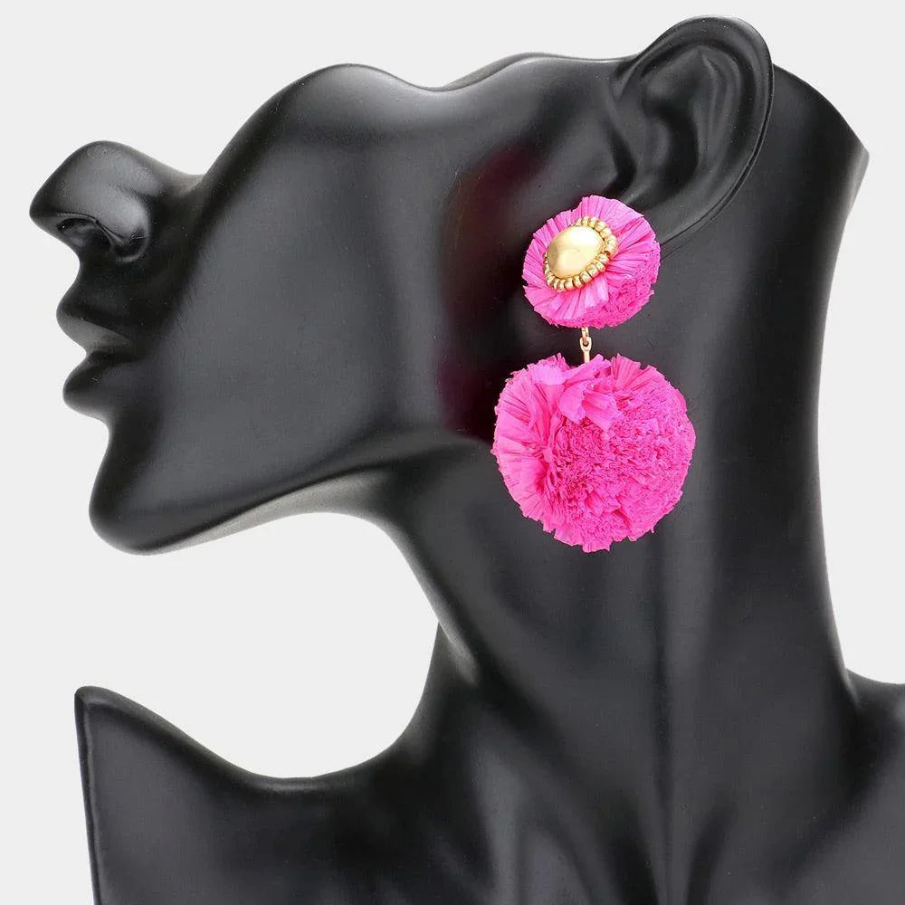 Fuchsia Raffia Ball Dangle Earrings - Jewelry Store by Erik Rayo