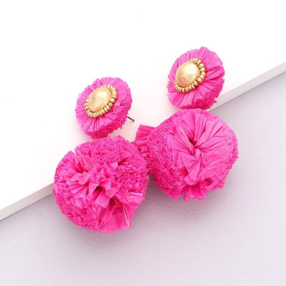 Fuchsia Raffia Ball Dangle Earrings - Jewelry Store by Erik Rayo