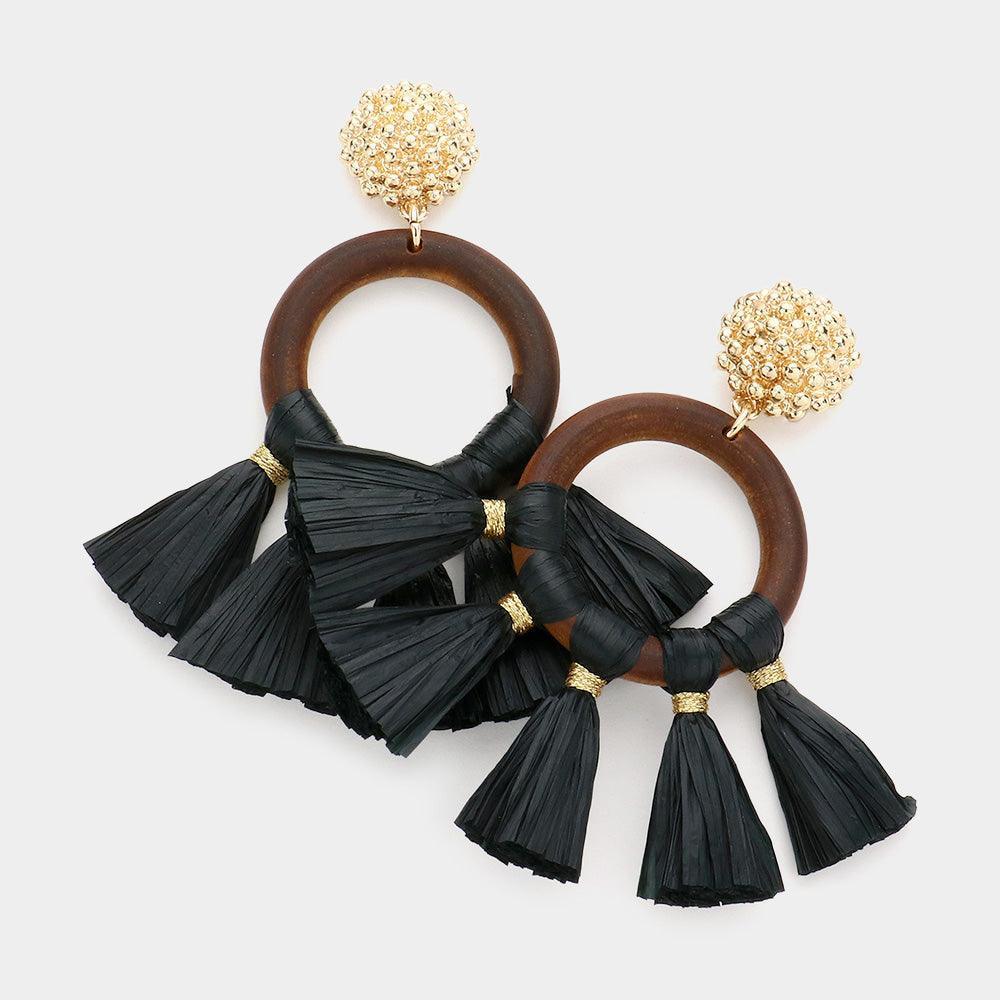 Black Wood Open Circle Raffia Tassel Dangle Earrings - Jewelry Store by Erik Rayo
