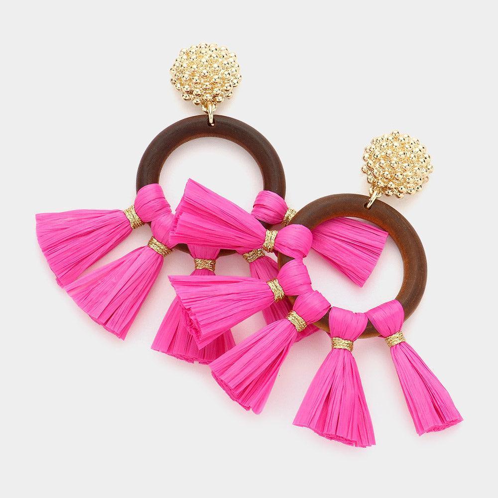 Fuchsia Wood Open Circle Raffia Tassel Dangle Earrings - Jewelry Store by Erik Rayo