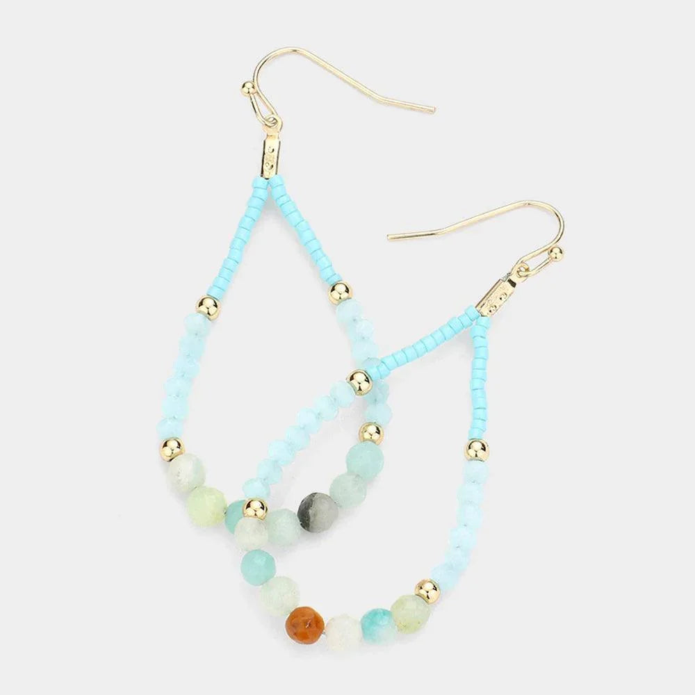 Blue Natural Stone Accented Beaded Open Teardrop Dangle Earrings - Jewelry Store by Erik Rayo