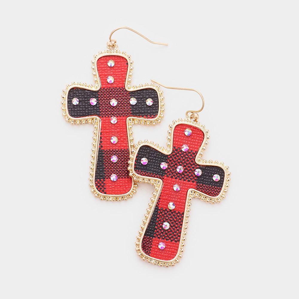 Red Buffalo Check Plaid Pattern Rhinestone Cross Earrings - Jewelry Store by Erik Rayo