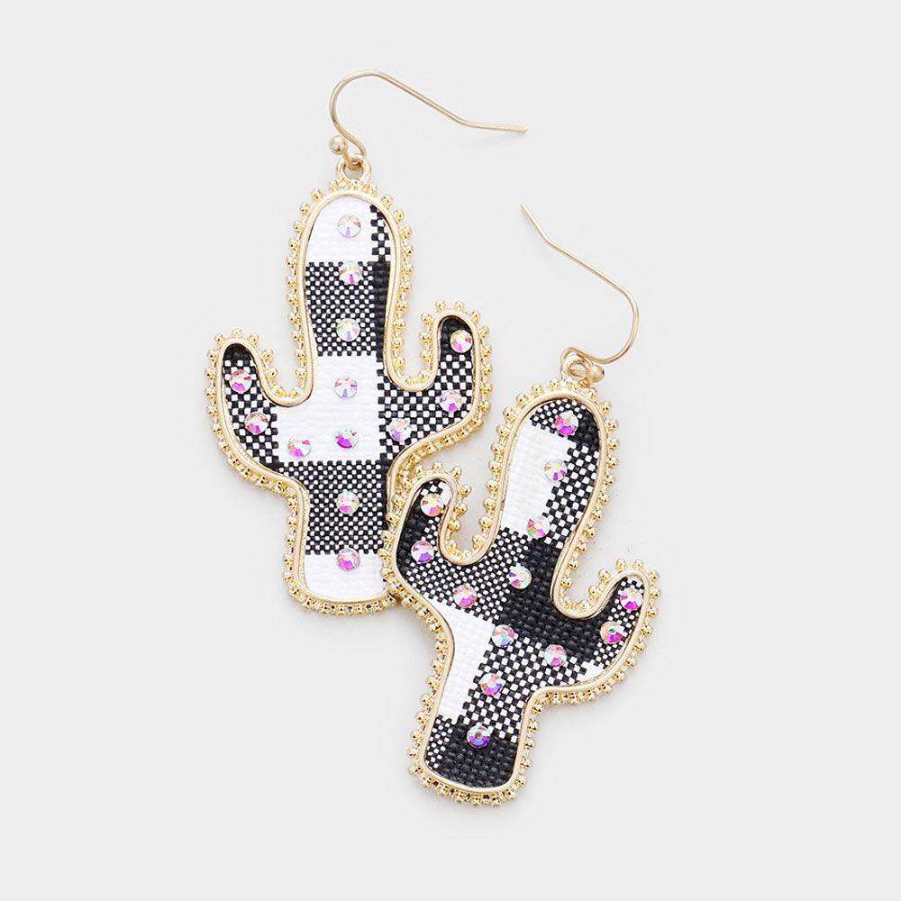 White Buffalo Check Plaid Pattern Rhinestone Cactus Earrings - Jewelry Store by Erik Rayo