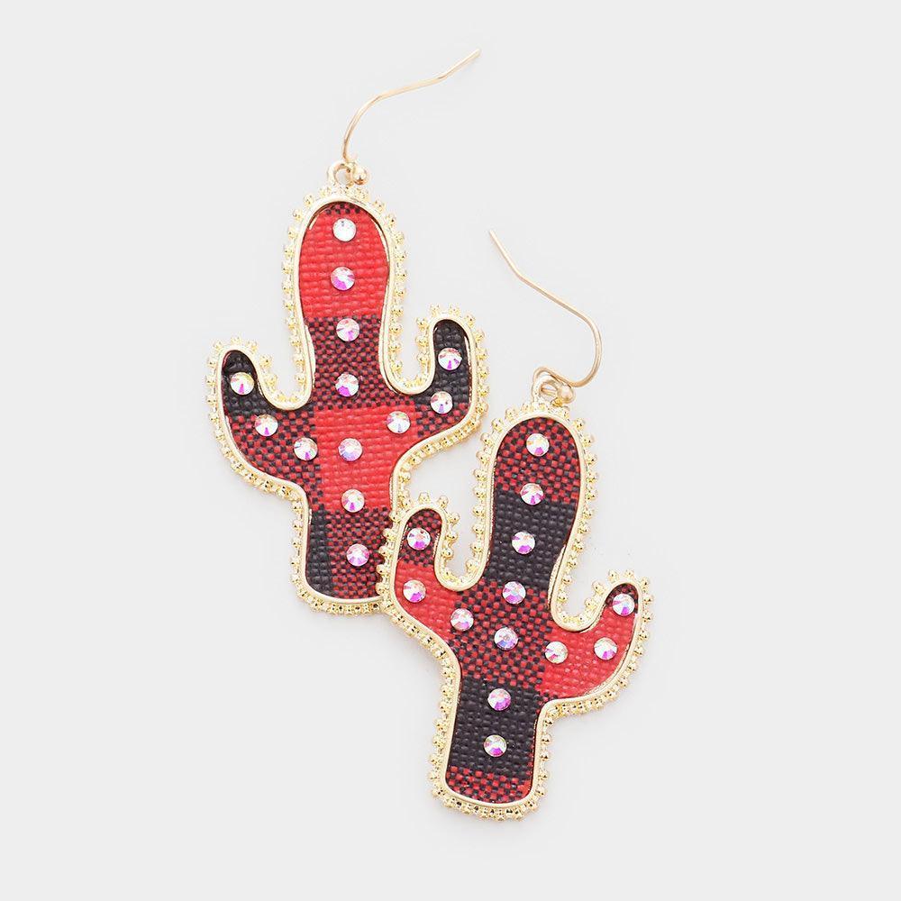 Red Buffalo Check Plaid Pattern Rhinestone Cactus Earrings - Jewelry Store by Erik Rayo