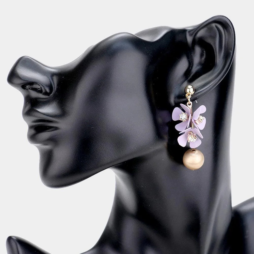 Lavender Rhinestone Flower Pearl Drop Earrings - Jewelry Store by Erik Rayo