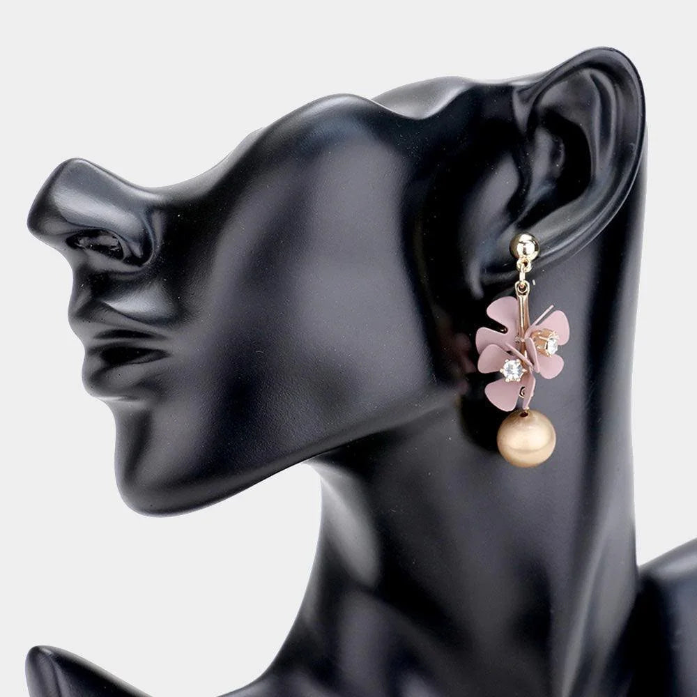 Gold Rhinestone Flower Pearl Drop Earrings - Jewelry Store by Erik Rayo