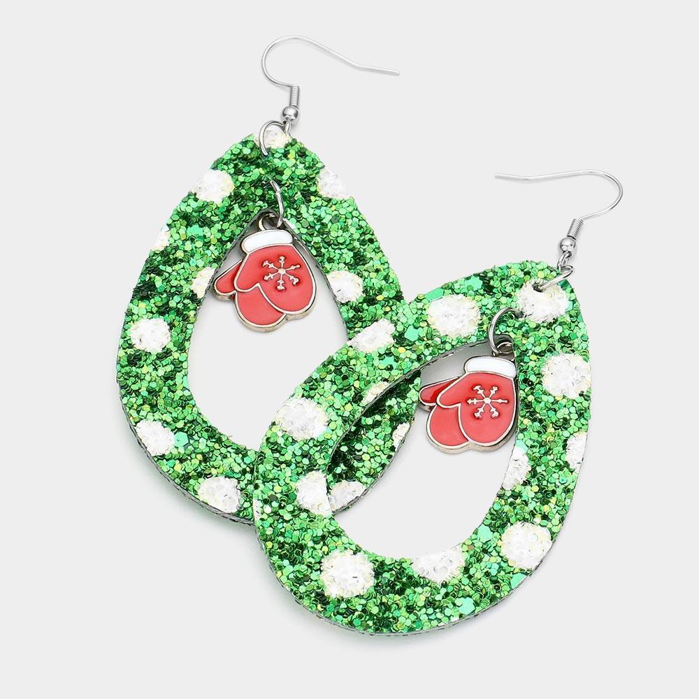 Green Glitter Open Teardrop Snowflake Gloves Dangle Earrings - Jewelry Store by Erik Rayo