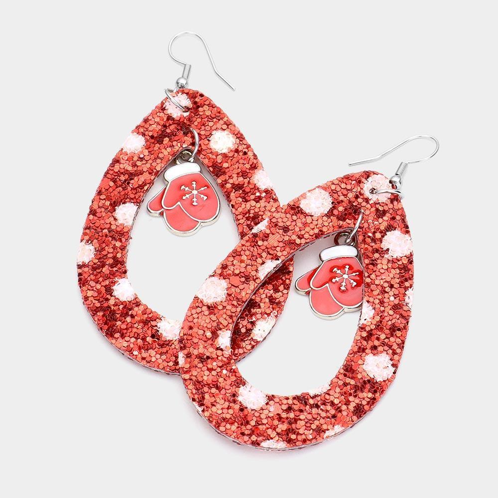 Red Glitter Open Teardrop Snowflake Gloves Dangle Earrings - Jewelry Store by Erik Rayo