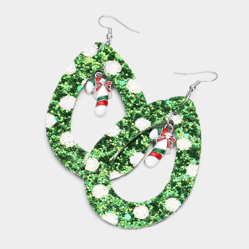 Green Glitter Open Teardrop Candy Cane Dangle Earrings - Jewelry Store by Erik Rayo