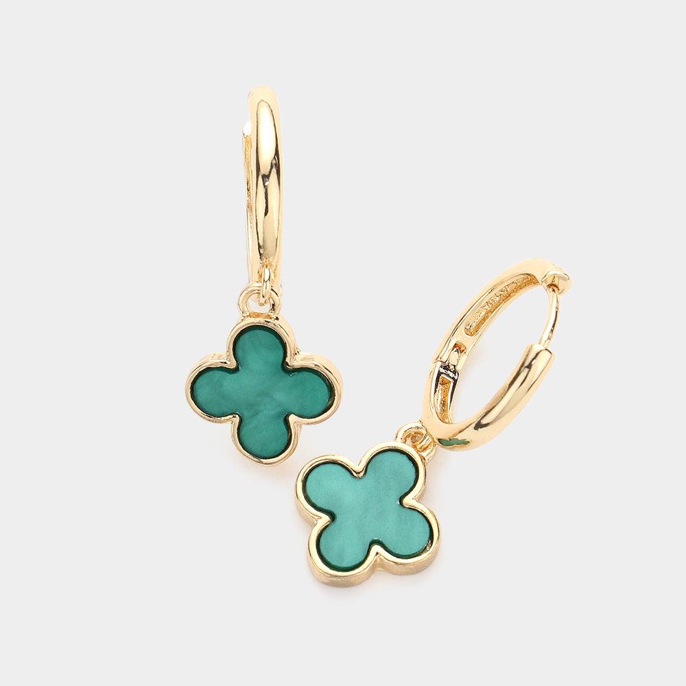 Green Quatrefoil Dangle Huggie Earrings