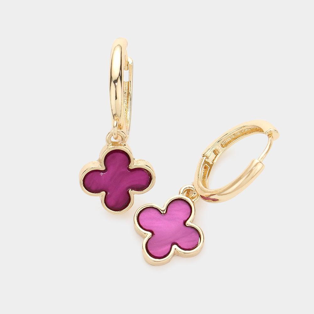 Pink Quatrefoil Dangle Huggie Earrings - Jewelry Store by Erik Rayo