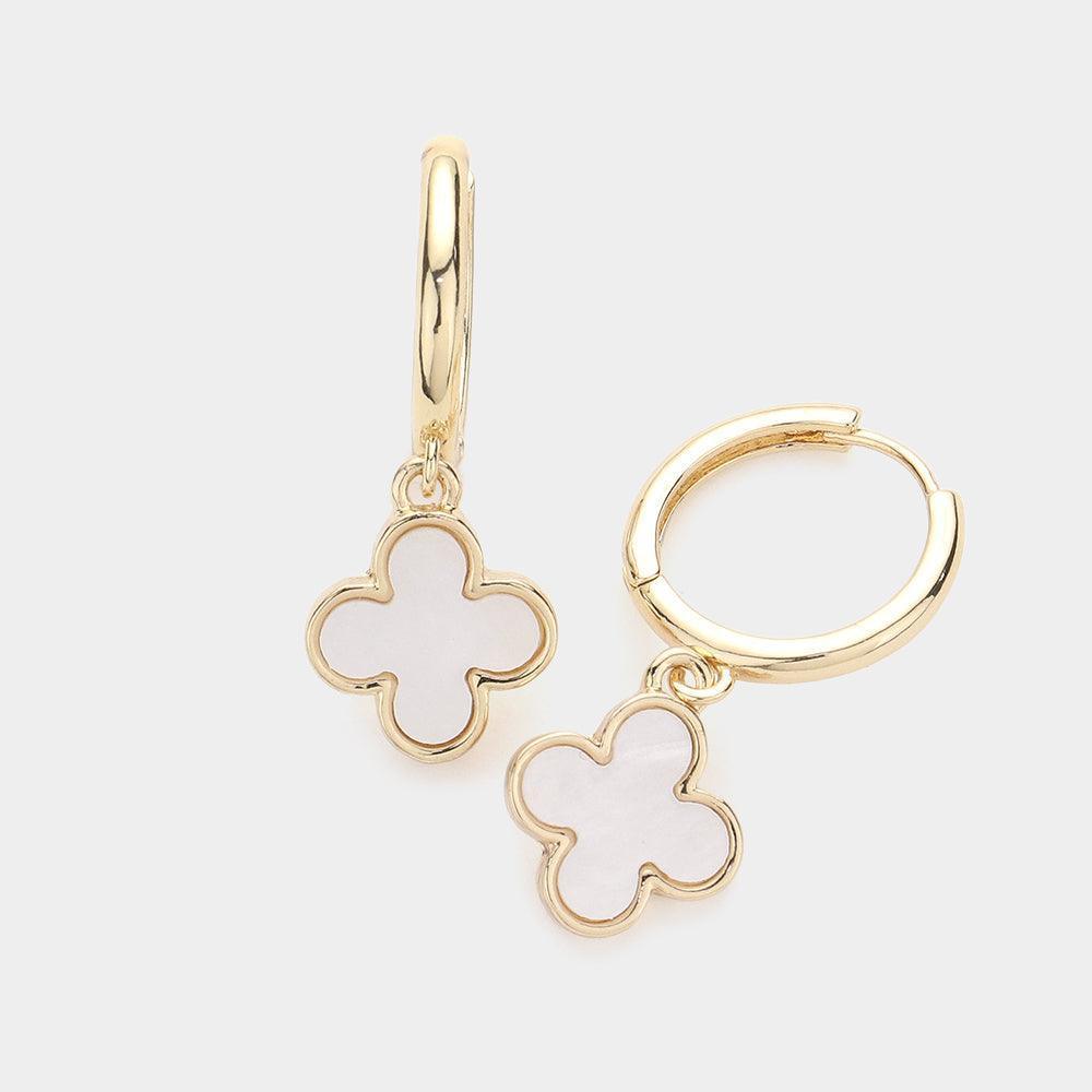 Cream Quatrefoil Dangle Huggie Earrings - Jewelry Store by Erik Rayo