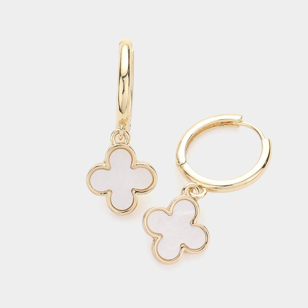 Cream Quatrefoil Dangle Huggie Earrings