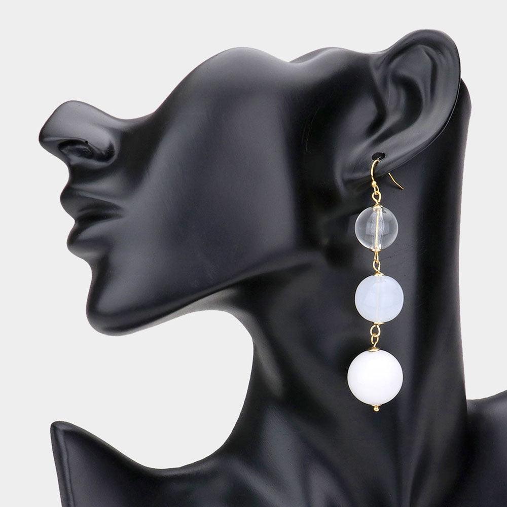 White Triple Bead Ball Link Dangle Earrings