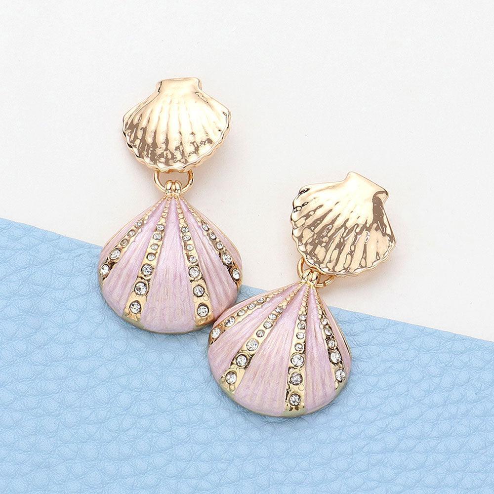 Pink Enamel Seashell Dangle Earrings