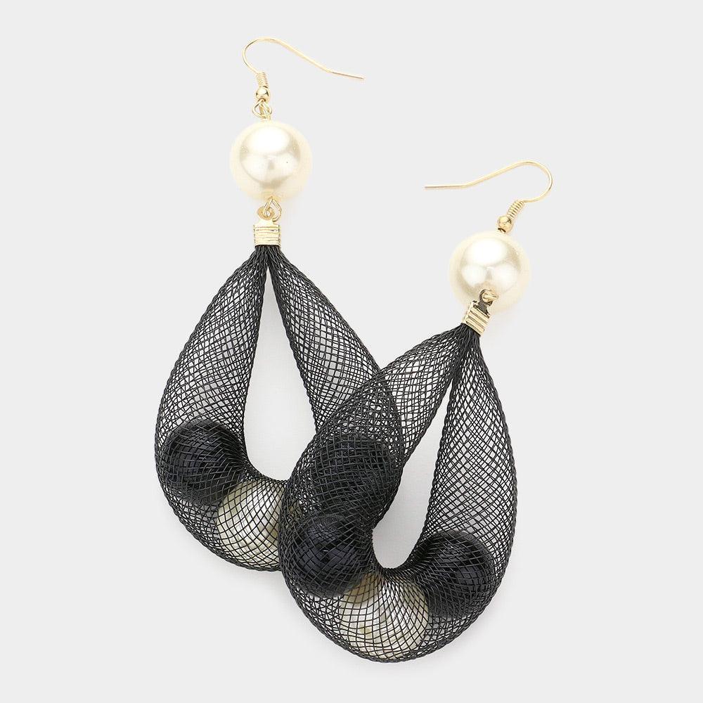 Cream Mesh Tube Pearl Drop Earrings - Jewelry Store by Erik Rayo