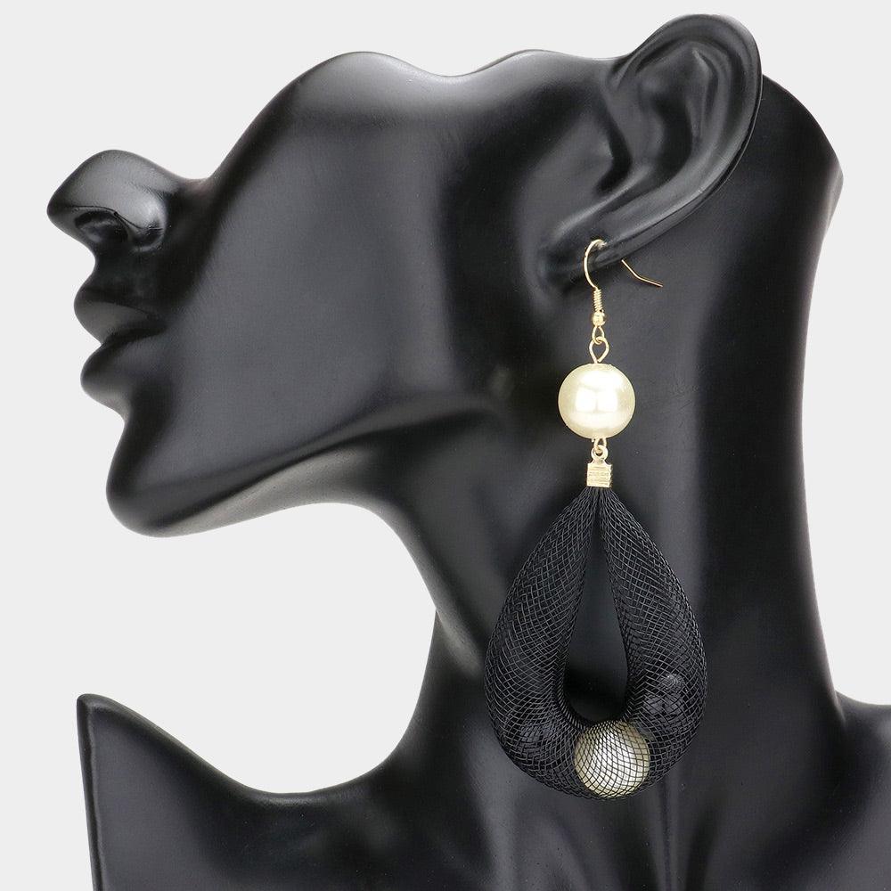 Cream Mesh Tube Pearl Drop Earrings - Jewelry Store by Erik Rayo