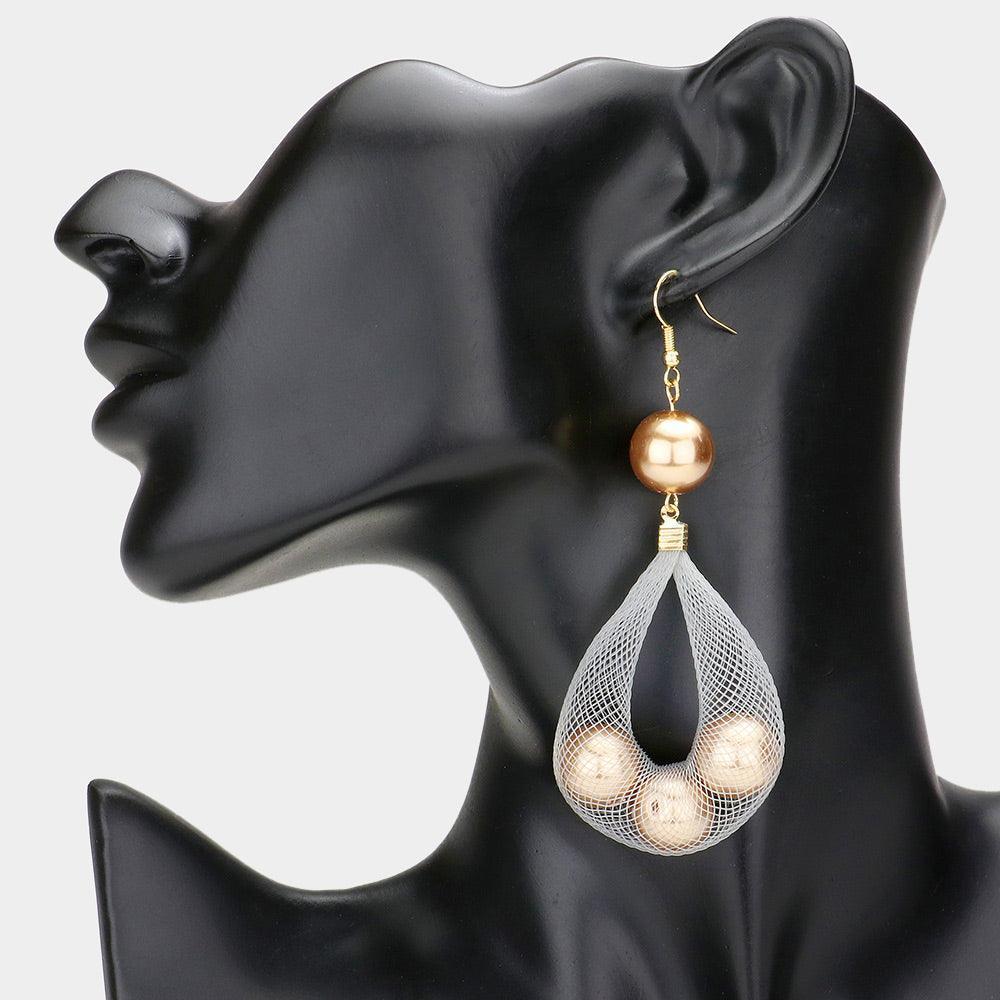 Brown Mesh Tube Pearl Drop Earrings - Jewelry Store by Erik Rayo