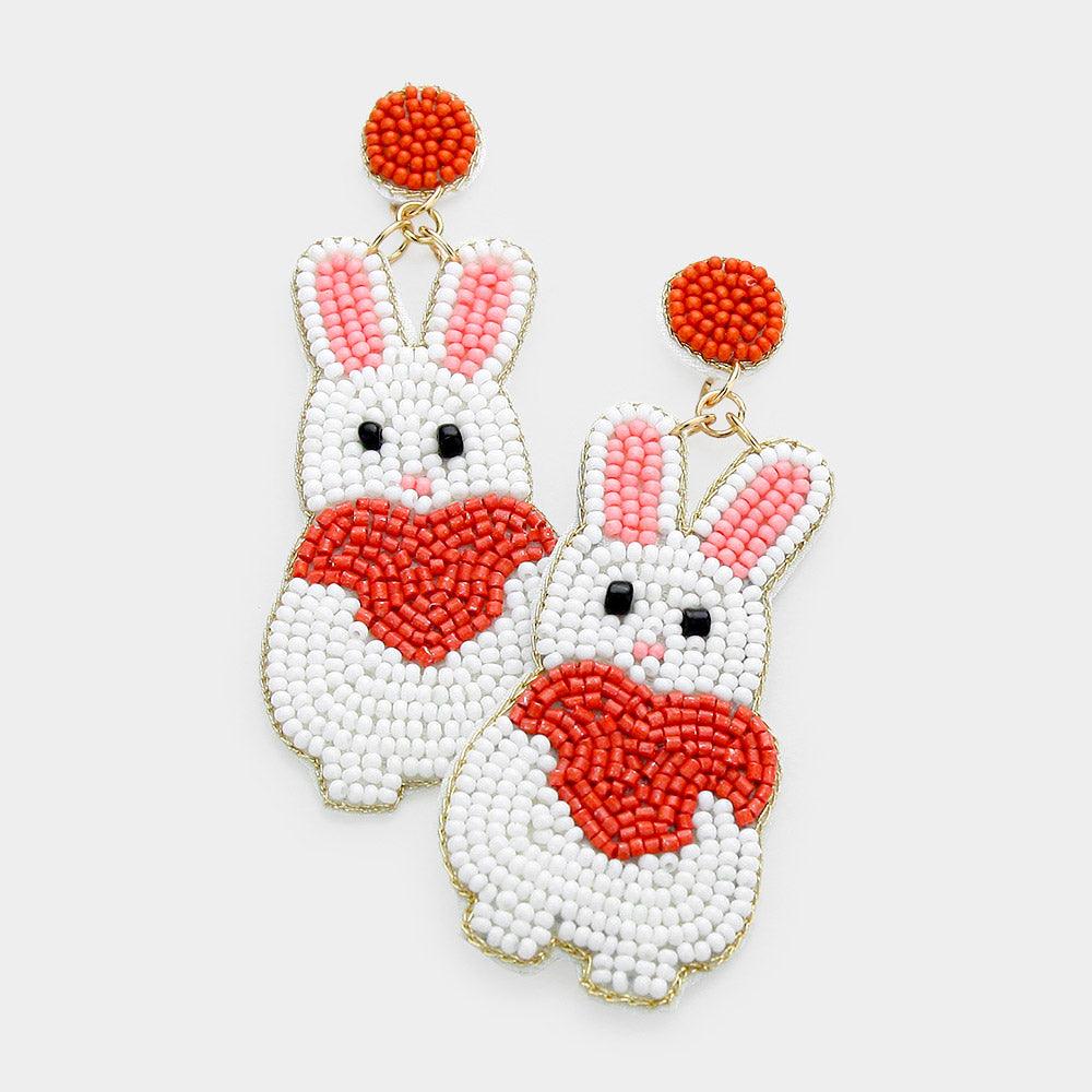 White Felt Back Seed Beaded Bunny Heart Dangle Earrings