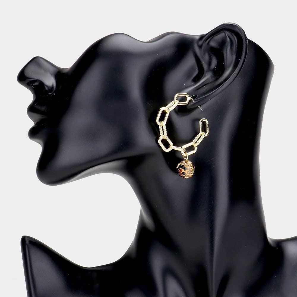 Brown Open Metal Oval Link Half Hoop Leopard Shamballa Ball Dangle Earrings - Jewelry Store by Erik Rayo
